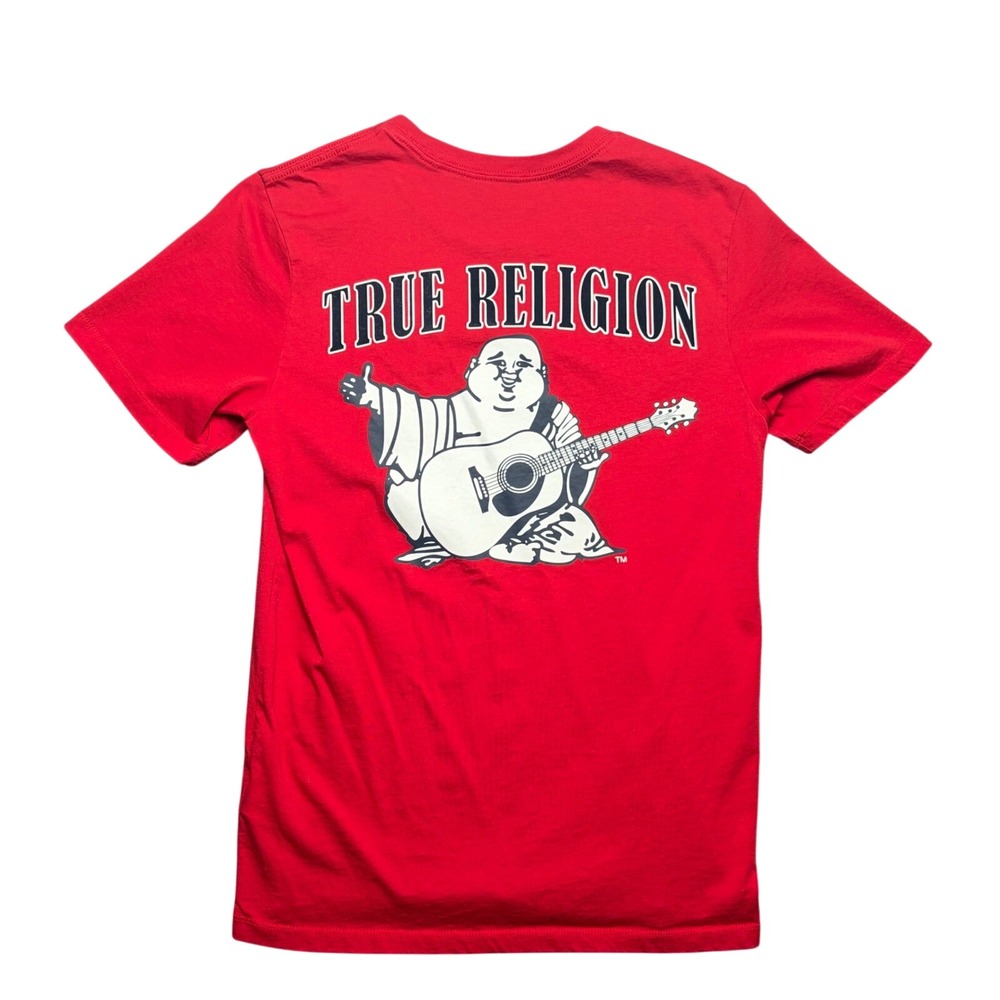 True Religion T-Shirt Men XS Red Buddha Guitar Graphic Horseshoe Short‎ Sleeve